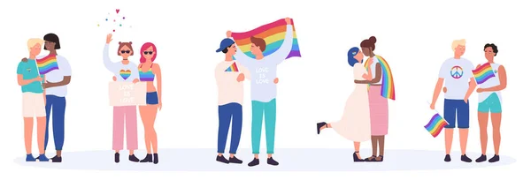 LGBT paar mensen vector illustratie, cartoon platte gelukkig interraciale LGBTQ gemeenschap met regenboog liefde gelijkheid vlag geïsoleerd op wit — Stockvector