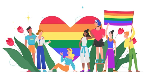 女同性恋、男同性恋、双性恋和变性者骄傲月概念矢量图解，卡通片中一群年轻的情人站在一起，挥挥手，同性恋彩虹之爱被白色隔离 — 图库矢量图片