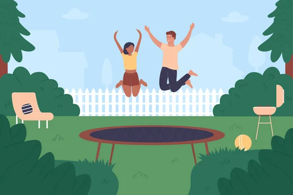 Trampolin Familie springen Vektor Illustration. Junge Leute springen, haben gemeinsam Spaß, aktive fröhliche Jumper hüpfen hoch auf dem Trampolin. Sommer Freizeit Outdoor-Aktivitäten Hintergrund — Stockvektor