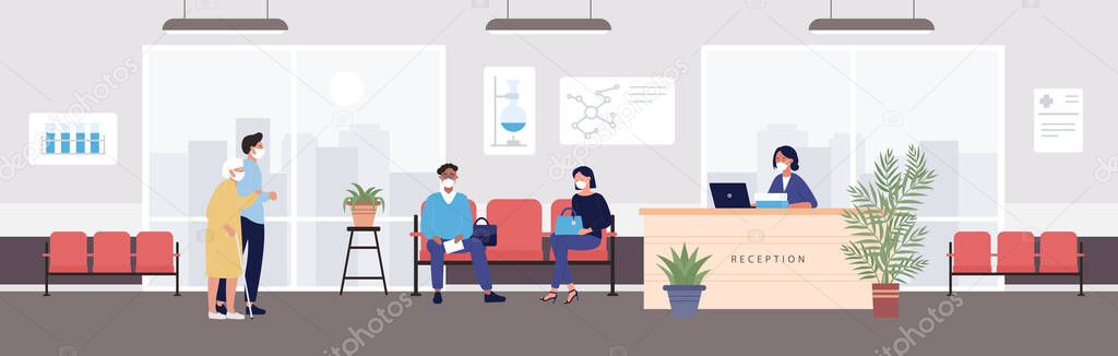 Old people visit hospital reception vector illustration, cartoon flat patient people in protective mask visiting hospital receptionist hall background