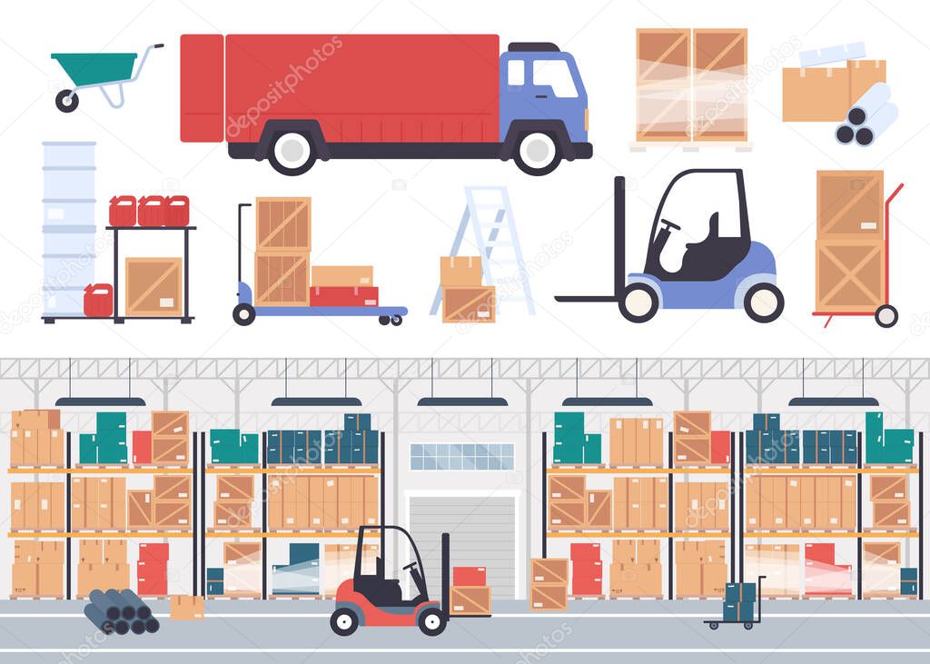 Warehouse stockroom vector illustration, cartoon flat warehousing company storehouse interior, packaging stock inventory, courier truck