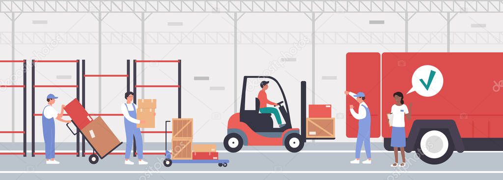 Loading goods in warehouse vector illustration, cartoon flat worker people load stack of boxes, packages or containers into truck background