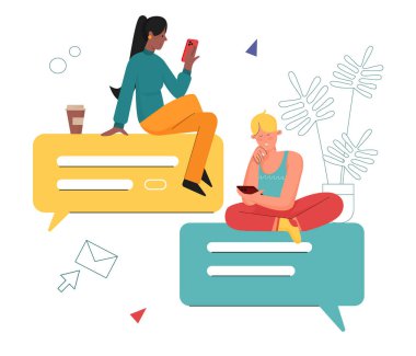 Sohbet mesajları vektör illüstrasyonu, çizgi film düz küçük kız ve erkek karakterler haberci sohbet beyaz kapalı akıllı telefon kullanarak