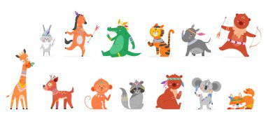 Çizgi film kabilesi hayvan düz vektör illüstrasyon seti, beyaz tenli şirin vahşi orman kabilesi ile komik hayvansı vahşi yaşam koleksiyonu.