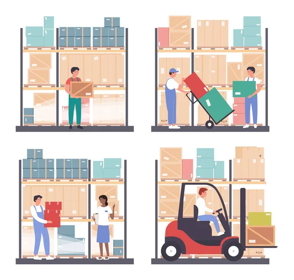 Warehouse logistics vector illustration 세트, 만화 평면 근로자들은 흰색에 고립 된 상점의 도매 방에서 일 한다 — 스톡 벡터