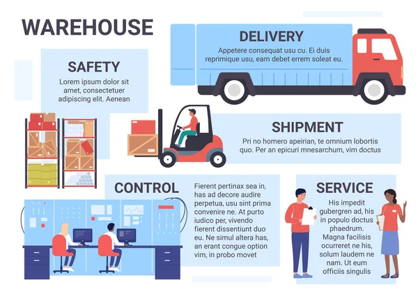 Serviço de logística de armazém ilustração vetorial infográfica com controle sobre carregamento e entrega de caixas com mercadorias, segurança de parcelas —  Vetores de Stock