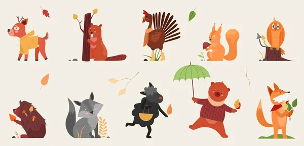 Schattig dier in de herfst vector illustratie set, cartoon hand getekend herfstbos collectie met grappige dieren met symbolen van het najaar — Stockvector