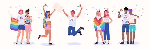 LGBT coppia persone vettore illustrazione, cartone animato piatto felice famiglia omosessuale con bambino, gay e lesbiche amante personaggi isolati su bianco — Vettoriale Stock