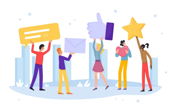İnsanlar çevrimiçi vektör illüstrasyonunu derecelendirir, çizgi film düz müşteri karakterleri beyaz üzerine pozitif tavsiye geribildirim kavramını izole eder