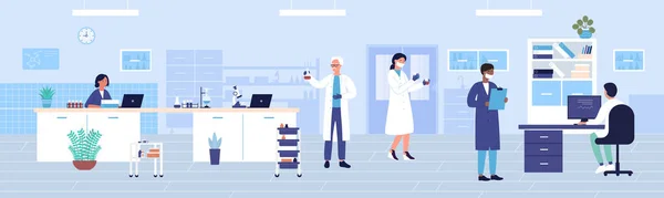 Hospital clínica laboratorio trabajo plana vector ilustración, dibujos animados médico investigador personaje equipo trabajando en fondo centro de investigación médica — Vector de stock