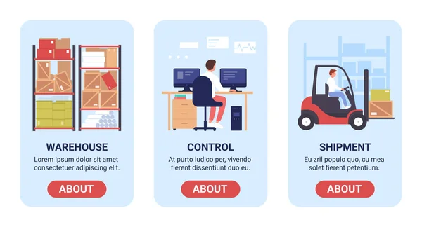 Estandarte de ilustração de vetor de trabalho de armazém conjunto com armazenamento, controle de processos de distribuição de carga e entrega, design de interface de tela —  Vetores de Stock