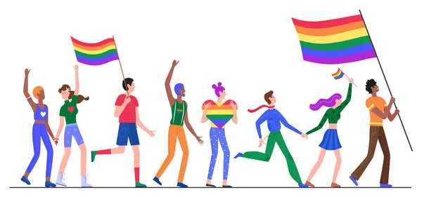 Persone su LGBT orgoglio parata vettoriale illustrazione, cartone animato piatto lesbica gay bisessuale transgender queer LGBT parata isolato su bianco — Vettoriale Stock