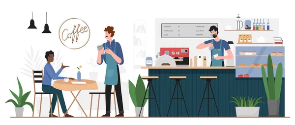 La gente en la barra de café ilustración vectorial, personaje de hombre plano de dibujos animados pidiendo bebida de café o postres de comida de fondo camarero — Vector de stock