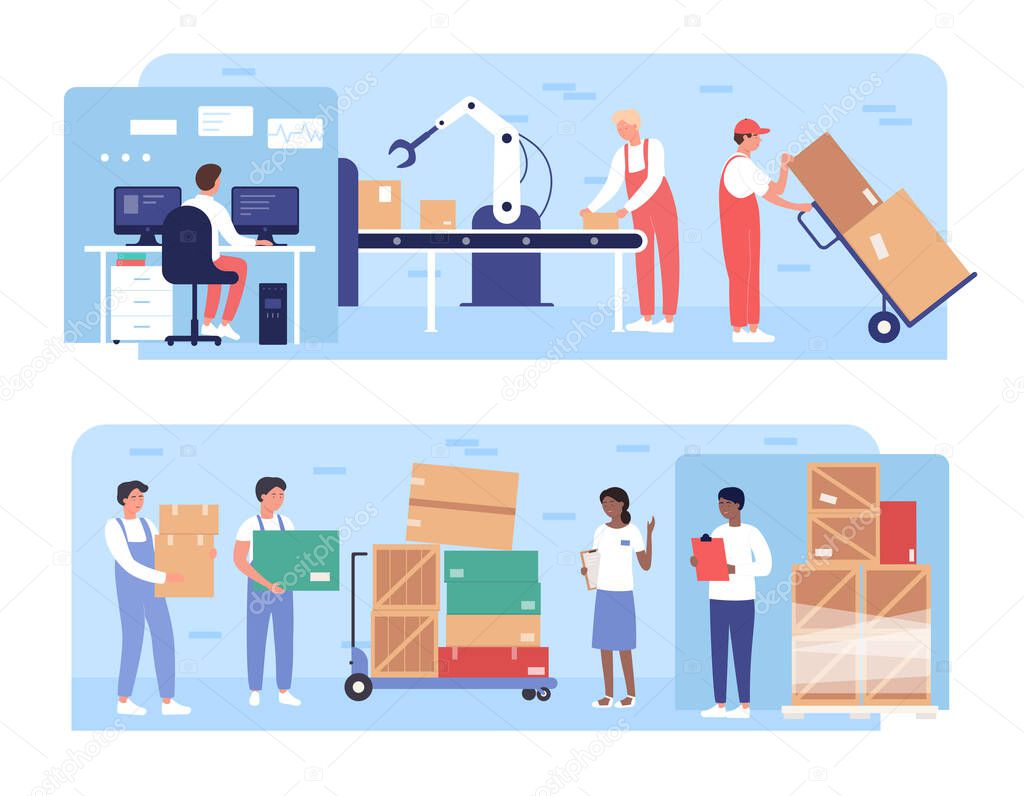 Warehouse packaging work vector illustration, cartoon flat worker people load boxes on pallets, stockroom loading process isolated on white