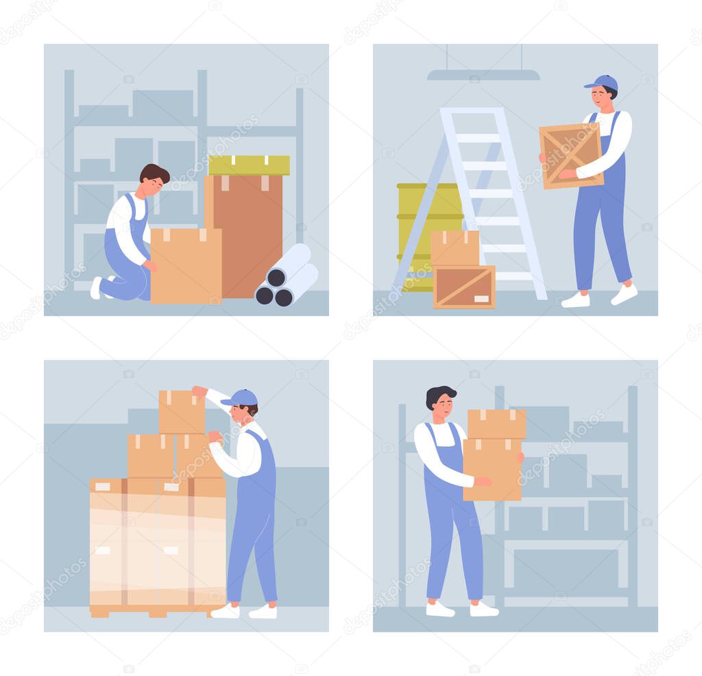 Warehouse workers vector illustrations, cartoon flat warehousing staff people holding boxes, stacking packages, working on packaging goods