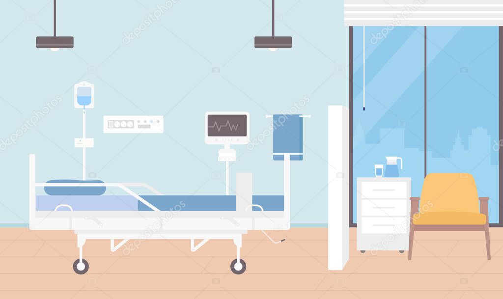 Hospital room interior vector illustration, cartoon empty ward for patients hospitalization with modern medical equipment background