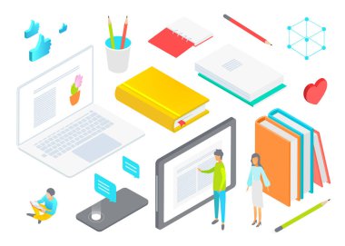 Isome iş malzemeleri kırtasiye malzemesi vektör çizimi, karikatür 3D minik ofis çalışanları dizüstü bilgisayarın, tabletin, günlük kitaplarının yanında duruyor.