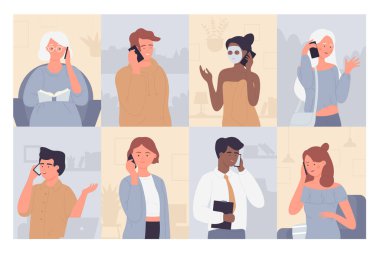İnsanlar telefon vektör çizimleri, çizgi film düz karakterleri, aile, arkadaşlar veya iş ortağı, cep telefonu sohbet koleksiyonu hakkında konuşuyorlar.