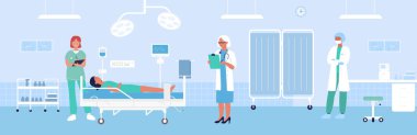 Hastane koğuşu vektör illüstrasyonu, çizgi film düz doktor karakter ekibi modern tıbbi ekipman geçmişi olan hasta adamı inceliyor.