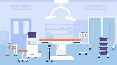Hospital room interior vector illustration, cartoon empty medic office hospital workplace for doctors appointment or consultation background clipart