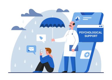 Psikoterapi psikoloji konsepti vektör illüstrasyonu, karikatür düz doktor karakteri hasta akıl sağlığını koruyan beyaz tenli