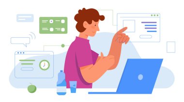 Çoklu ofis işi vektör illüstrasyonu, karikatür düz iş adamı karakteri beyazlar üzerinde izole edilmiş birçok sanal iş görevleri üzerinde çalışıyor