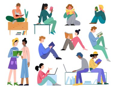 İnsanlar vektör illüstrasyon seti, karikatür düz aktif okul ya da üniversite öğrencisi koleksiyonunu genç erkek kadın karakterlerle birlikte okuyor, kitap okuyor, ödev yapıyor.