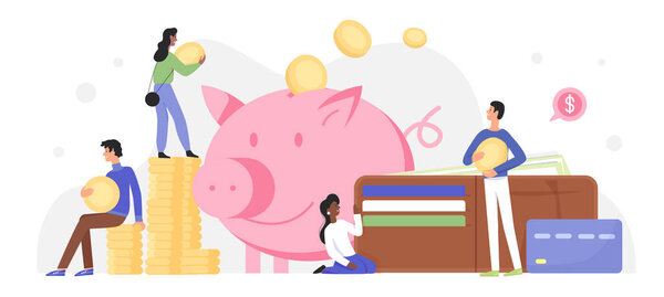 Люди вкладывают деньги в векторную иллюстрацию копилки, мультяшные плоские персонажи вкладывают золотые монеты и банкноты в счастливую копилку свиньи