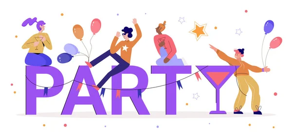 Gente feliz con la ilustración del vector de la palabra de la fiesta, dibujos animados plana hombre adulto diminuto mujer personajes beber cócteles, divertirse juntos aislados en blanco — Vector de stock