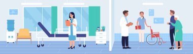 Hastane vektör ilüstrasyonunda yaşlı insanlar, çizgi film yassı yaşlı kadın karakter kontrolü için doktora gidiyor.