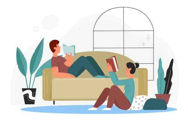 Mensen lezen boeken thuis vector illustratie, cartoon platte paar boekenleggers lezen boeken uit de bibliotheek of boekhandel geïsoleerd op wit — Stockvector