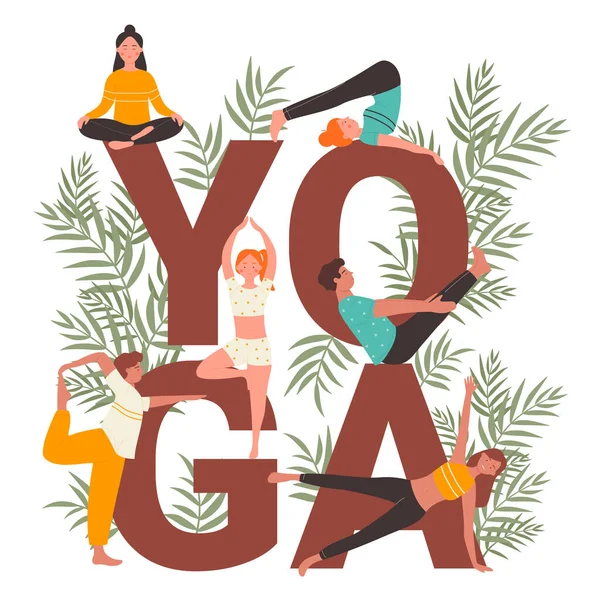 Yoga práctica vector ilustración conjunto, dibujos animados planos personas activas practicando yogui asana, estiramiento, junto a gran palabra de yoga aislado en blanco — Vector de stock