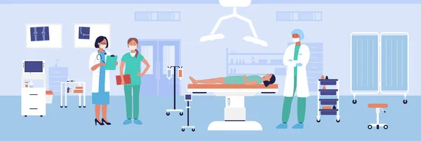 Traumatologi kirurgi vektor illustration, tecknad platt medicinsk vård förfarande för behandling av skada av kvinnlig patient karaktär bakgrund — Stock vektor