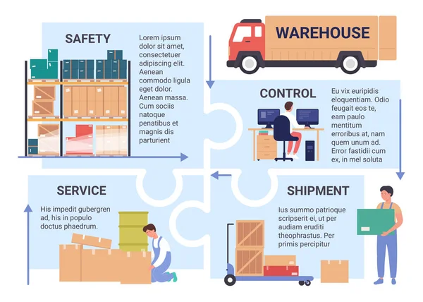 Warehouse 서비스 인포 그래픽 벡터 삽화, 트럭을 통한 화물 수송의 만화 플랫 컨트롤, 노동자들의 물건 포장, 안전 배경 포장 — 스톡 벡터