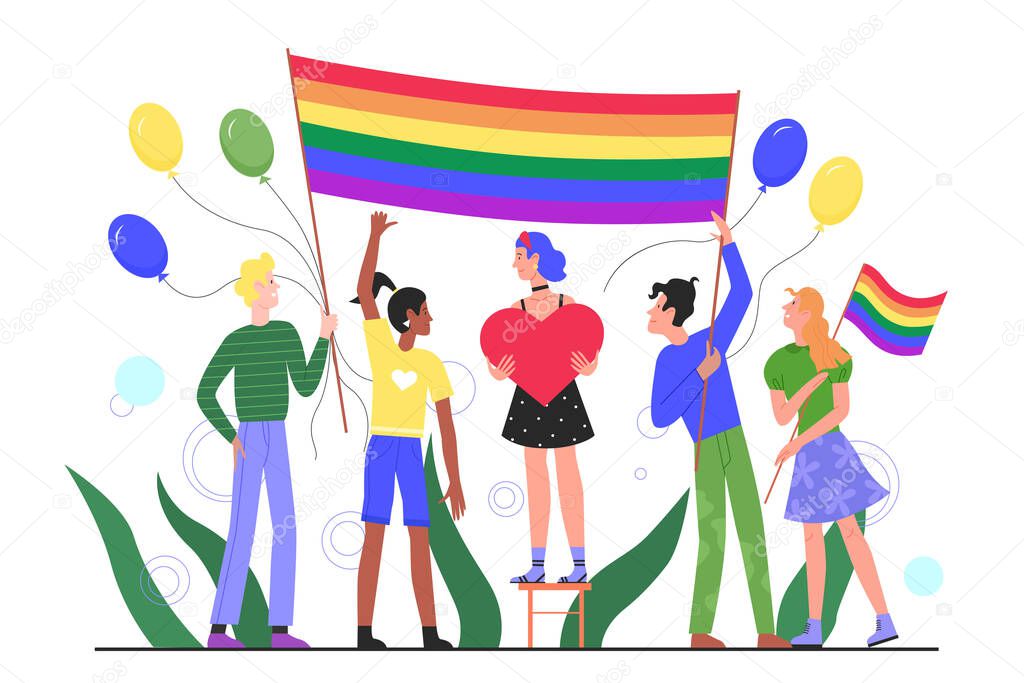 LGBT pride parade concept flat vector illustration, cartoon happy young people group participating in LGBTQ pride month festival celebration