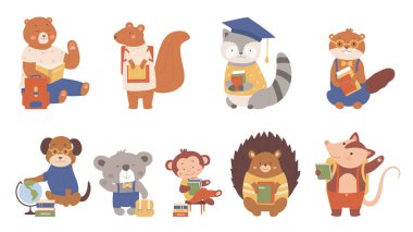 Hayvanlar kitap okur vektör illüstrasyonu, çizgi film düz akıllı hayvan sever karakterler koleksiyonu hayvanat bahçesi ya da evcil hayvan öğrencileri ya da beyaz tenli öğrenciler