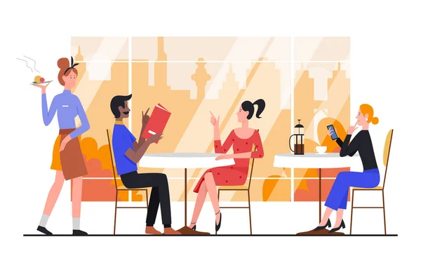 Människor i höst stad café vektor illustration, tecknad platt man kvinna vänner eller par tecken sitter vid bordet i cafeteria isolerad på vitt — Stock vektor