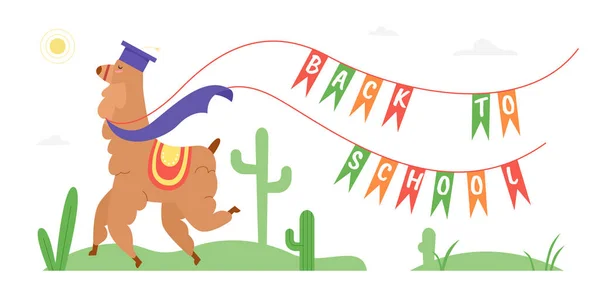 Επιστροφή στο σχολείο κείμενο κίνητρο εικονογράφηση φορέα, κινούμενα σχέδια επίπεδη άγρια ευτυχισμένη λάμα ή alpaca χαρακτήρα των ζώων στο σχολείο μεταπτυχιακό καπέλο τρέχει με σημαίες — Διανυσματικό Αρχείο