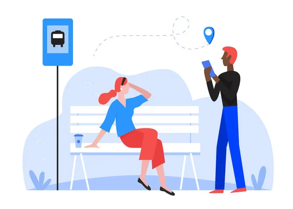 Osobní lidé čekají v autobusové zastávce vektorové ilustrace, kreslené plochý muž ženy znaky čeká na autobusovou veřejnou dopravu, vyhledávací trasu pomocí aplikace smartphone map — Stockový vektor