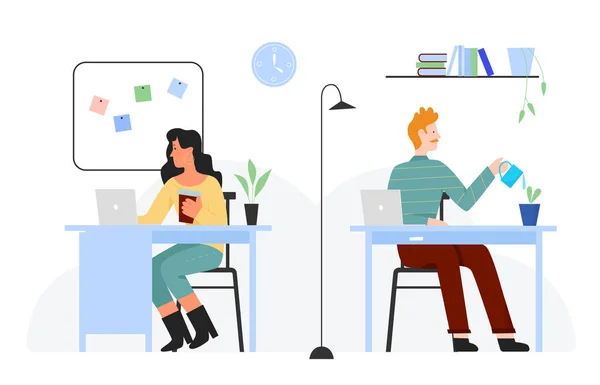 Mensen werken in het kantoor platte vector illustratie, cartoon collega werknemer team van personages werken op de werkplek geïsoleerd op wit — Stockvector