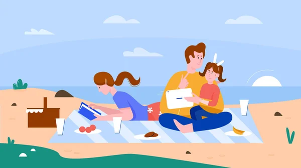 Rodinní lidé na letní pláži ploché vektorové ilustrace, Cartoon šťastný matka a otec tráví čas s dívkou dítě na pláži — Stockový vektor
