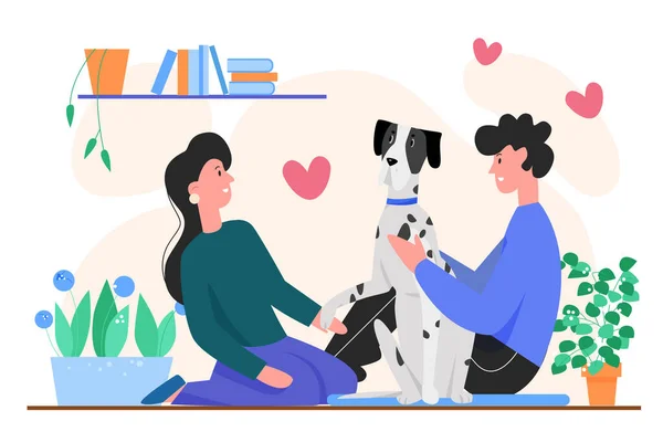 Lidé majitel s psí vektorové ilustrace, kreslený byt šťastný mladý muž žena objetí pejsek, pár postav tráví čas spolu s vlastním domácím zvířetem — Stockový vektor