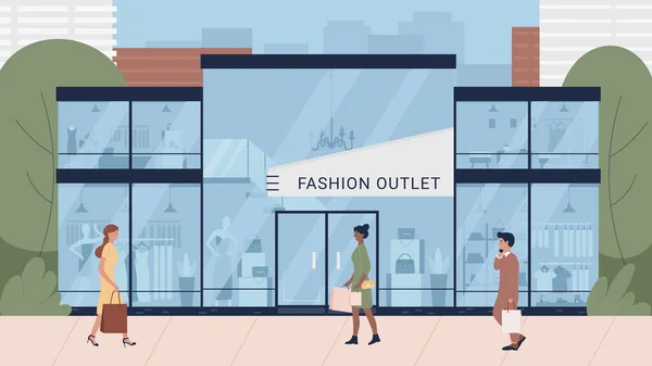 Mensen winkelen platte vector illustratie, cartoon man vrouw consument koper karakters gaan om kleren te kopen bij kleding mode winkel achtergrond — Stockvector
