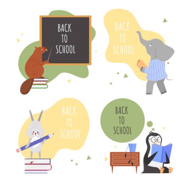 Hayvanlar okul harfleri konsept vektör illüstrasyon seti, çizgi film düz hayvansı sevimli karakterler toplama dersleri ve beyazlar üzerinde izole edilmiş okul dersleri