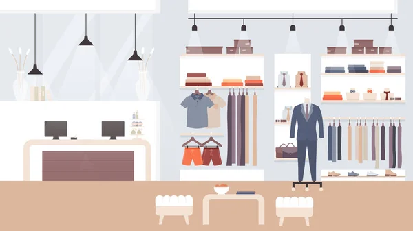 Male fashion store, clothing shop vector illustration, cartoon flat empty showroom interior with trendy fashionable man clothes for sale background — Stock Vector