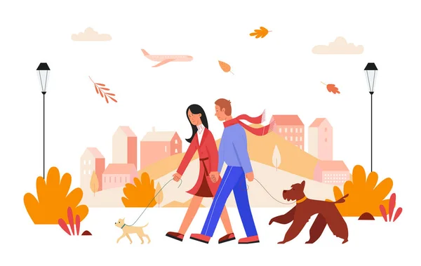 Les gens marchent en automne ville jour vecteur illustration, dessin animé appartement homme heureux femme amant couple personnages marchant avec des chiens isolés sur blanc — Image vectorielle