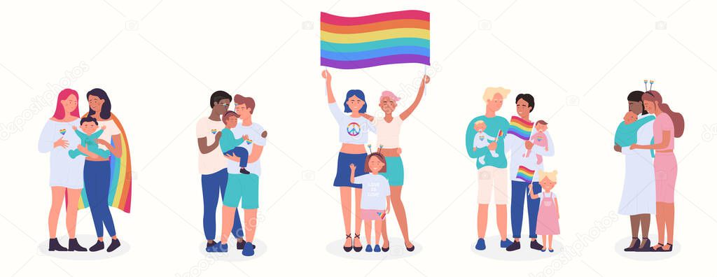 LGBT family flat vector illustration set, cartoon happy LGBT family people collection of gay lesbian bisexual couple parent character and adopted children