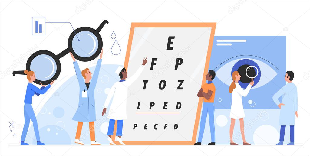 Ophthalmology vector illustration, cartoon flat woman man doctor ophthalmologist characters examining patient eyes health with snellen chart test