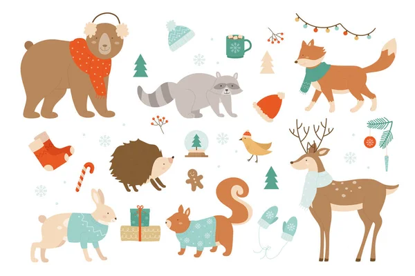 Winter Tiere Dekor flache Vektorillustration, Cartoon animalische Weihnachtskollektion mit Weihnachtsdekorationselementen, niedliche Tiere in Winterkleidung — Stockvektor