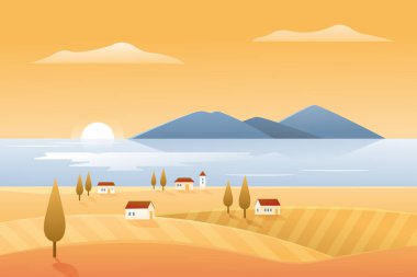 Sonbahar doğası, deniz manzarası vektör illüstrasyonu, karikatür sonbahar kırsal manzarası deniz kıyısındaki çiftlik evleri ve sarı tarlalar.
